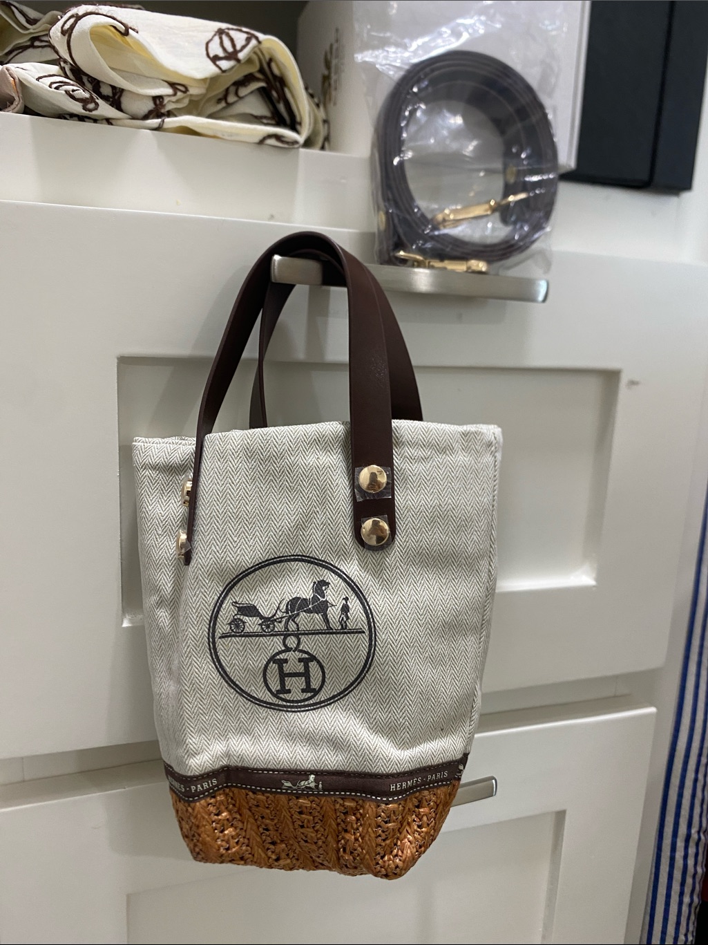 Upcycled Hermes Canvas GwpVip And Brown LeatherTrimmed WovenBottom Crossbody